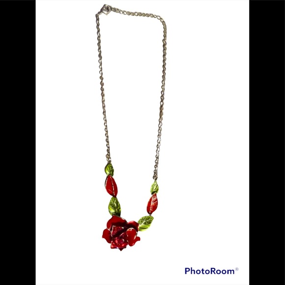 Beautiful Rose Statement Necklace with Red & Green Rhinestones - Picture 4 of 4